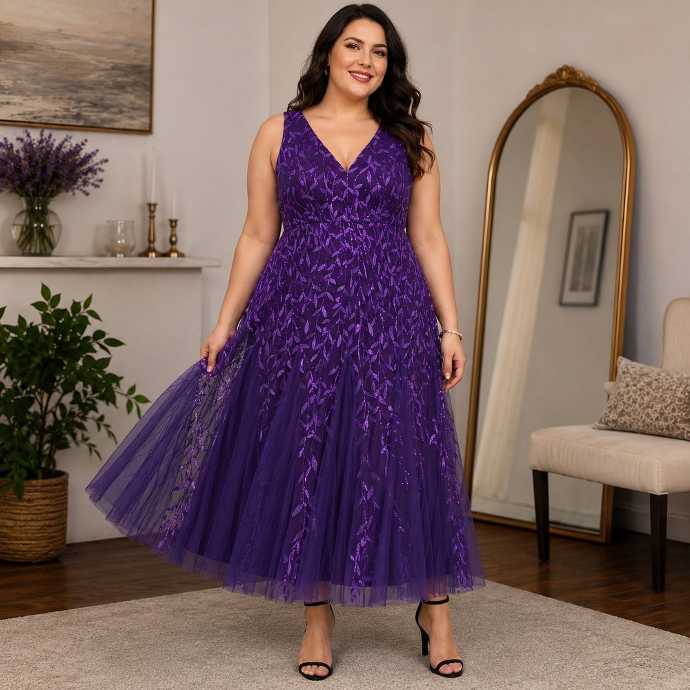 Ever-Pretty Purple Sequin Leaf Embroidery Tulle Formal Gown Dress 3XL US 22